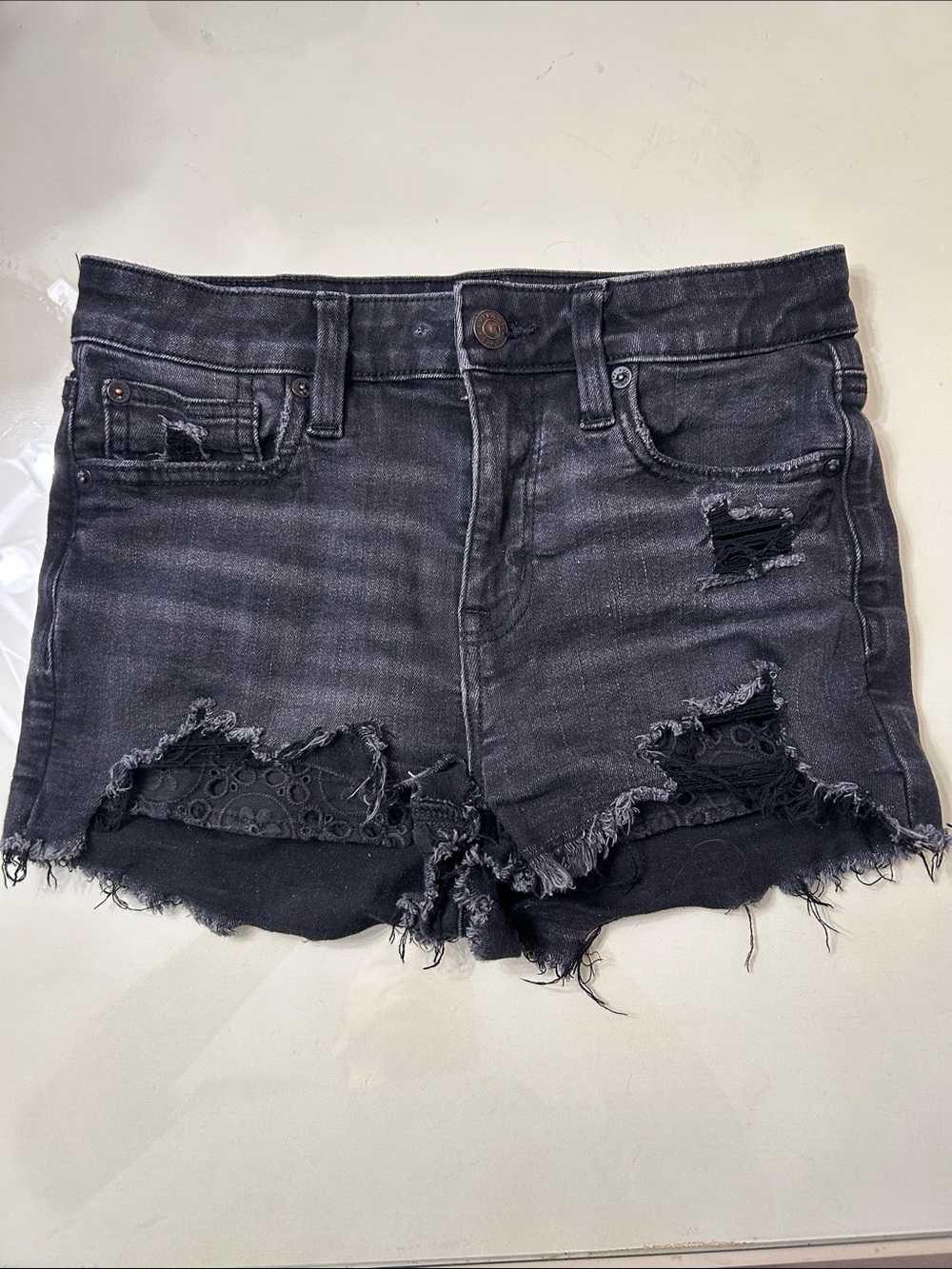 American Eagle Women's Black Distressed Lace-Inset Denim Shorts - size 2